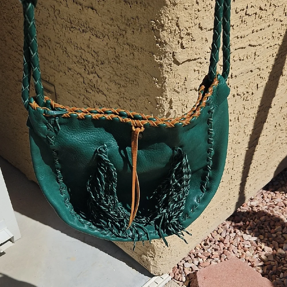 Handmade Leather Crossbody Purse- Boho Fringe & Braid Design - Forest Green
